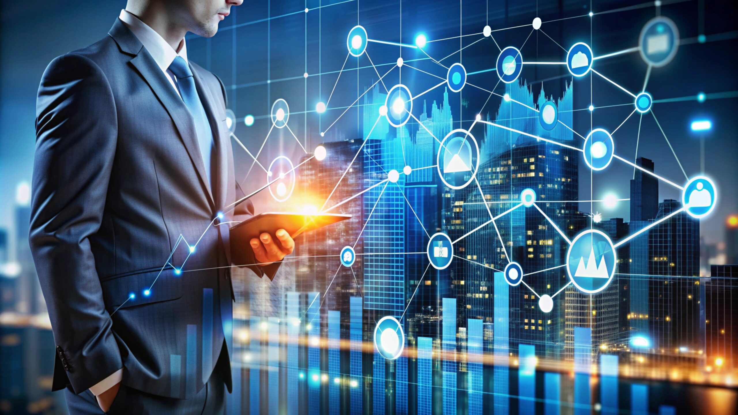Businessman using tablet with digital network graphic in front of cityscape.